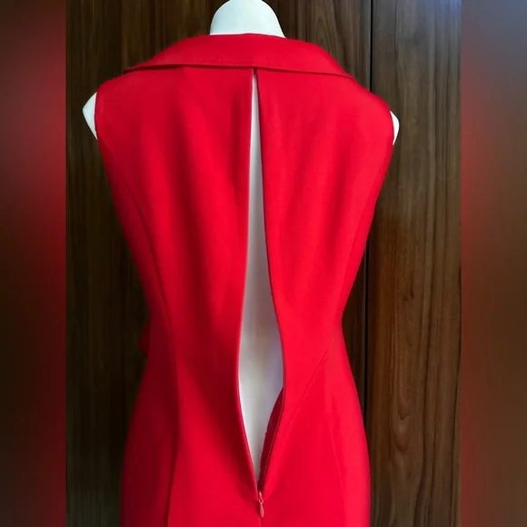 Calvin Klein Red Formal Classy Midi Length Sheath Fitted Ruffle Front Size 8 - Picture 4 of 11